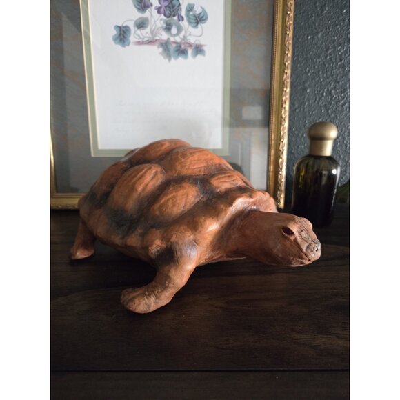 Vintage Mid Century Modern MCM Genuine Leather Wrapped 12" Turtle Red Glass Eye